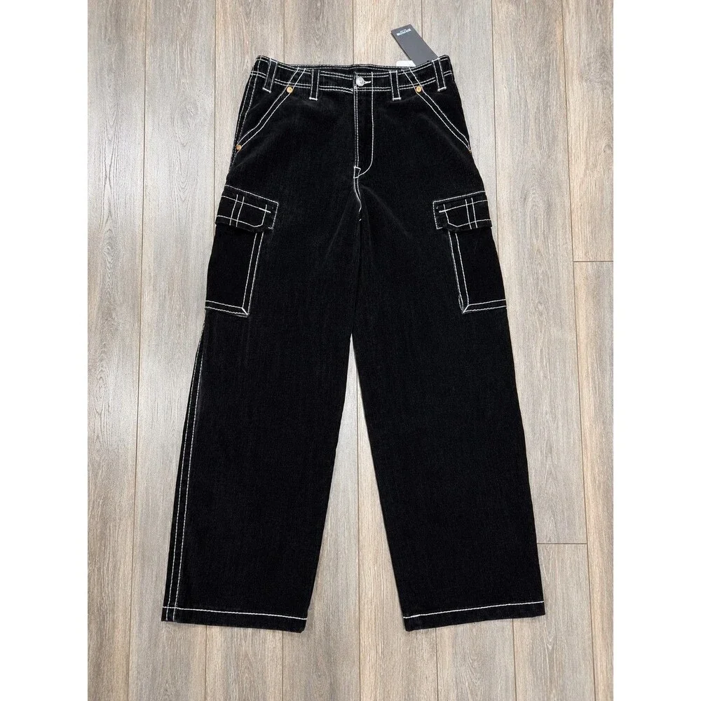 True Religion Baggy Belt Cargo Jeans Mens 32 Black Contrast Stitch NWT Wide Leg